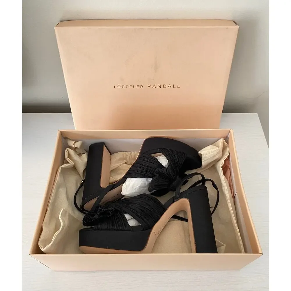 Loeffler Randall Natalia Black Silk Bow Pleated Platform Heel Sandals 6 NWT